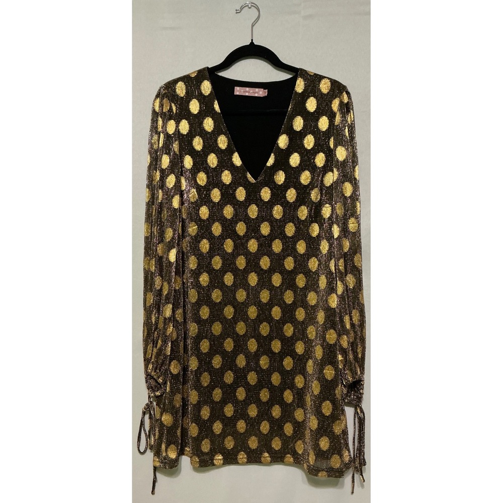 Traffic People Gold Polka‎ Dot Sheer Long Sleeve V-Neck Mini Dress Party Event M